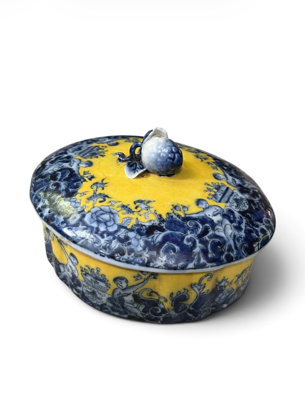 Stunning Vintage Yong Tang Dynasty 20th Ct Yellow/Blue Porcelain Dish w/Lid